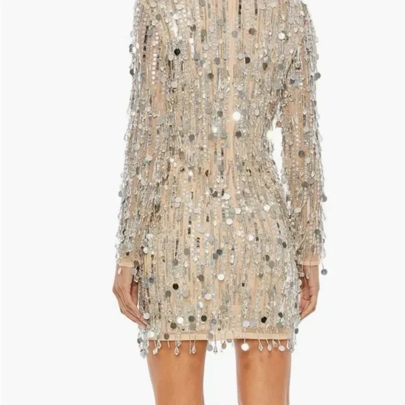 Beaded Fringe Detail Dress with Plunging Neckline and Long Sleeves - Picture 2 of 2